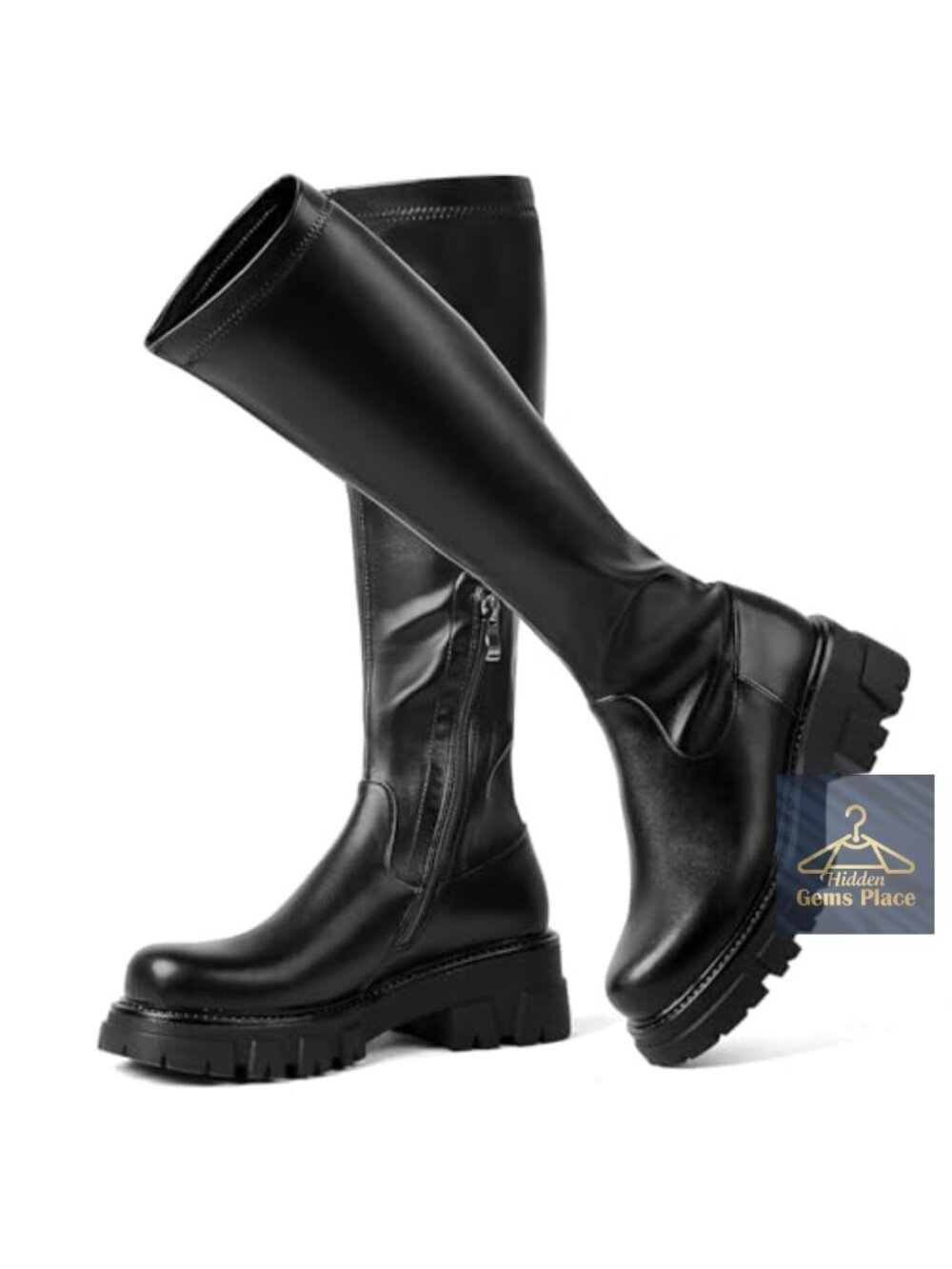 Platform Knee High Boots Stretch Faux Leather Chunky Block Heel